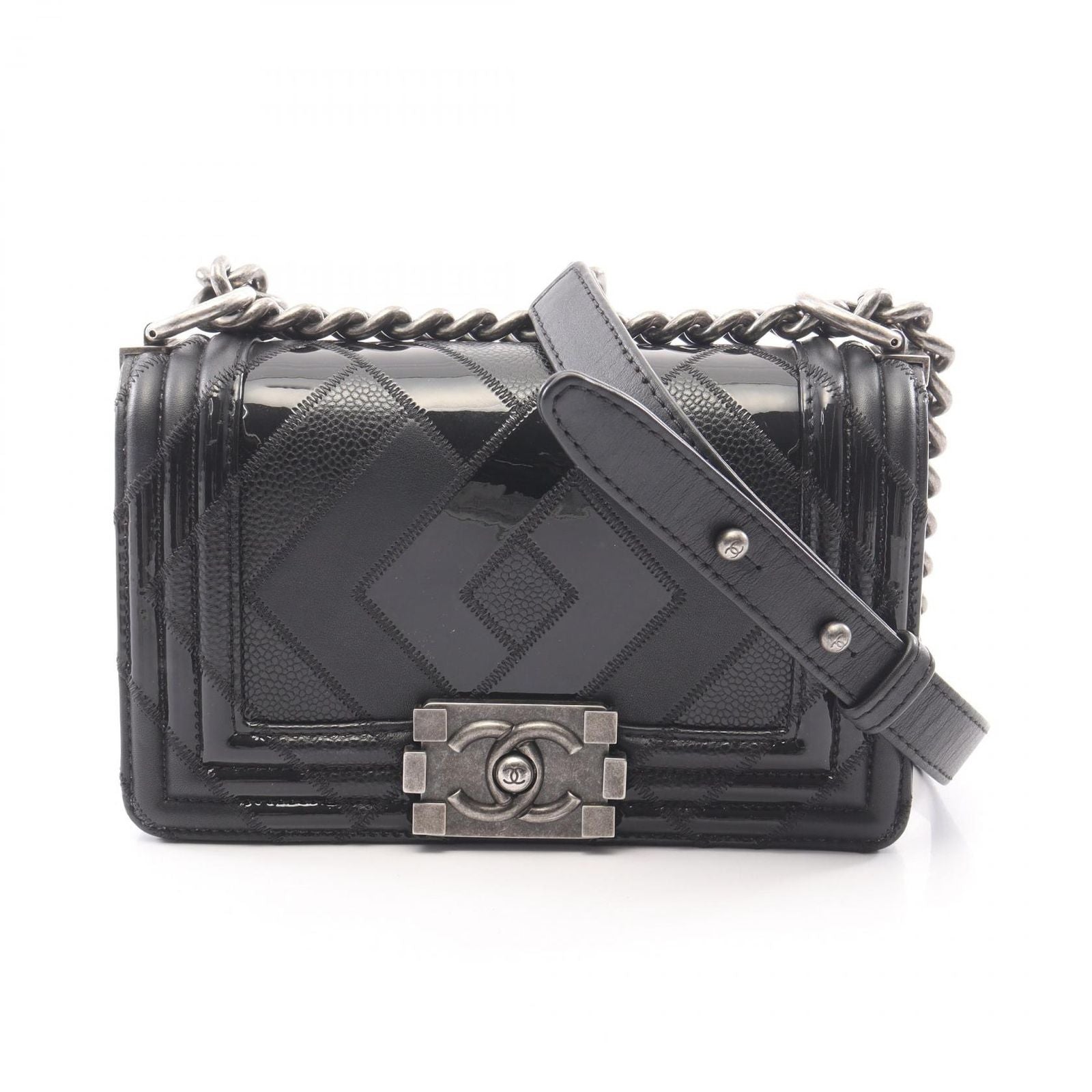 Chanel Shoulder Bag Boy Small Black Caviar Leather Chain Shawl