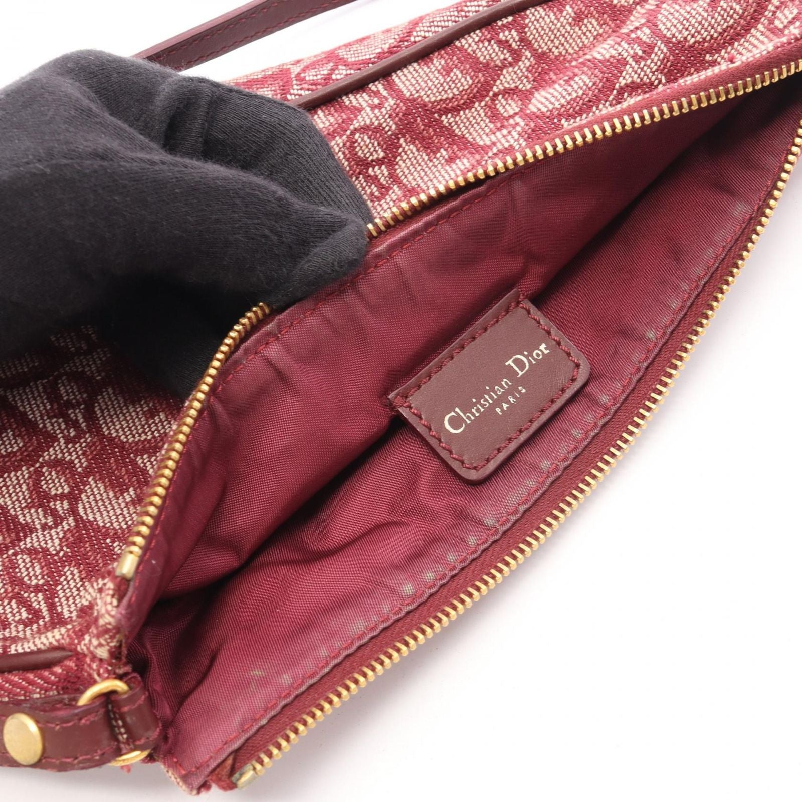 Dior Handbag Saddle Bag Ivory Bordeaux Canvas Leather Trotter Pouch — view 5