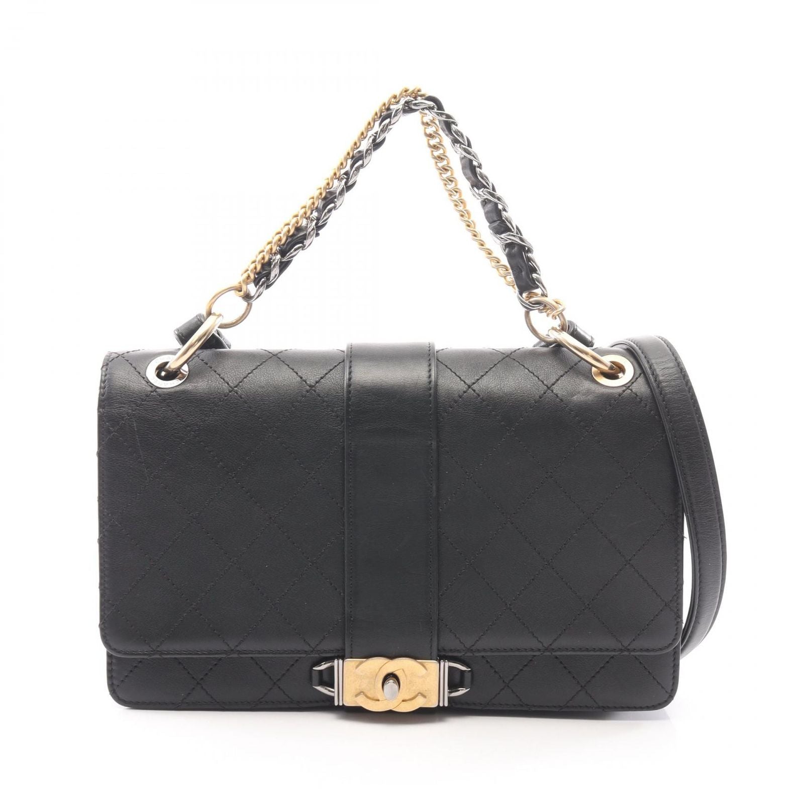 Chanel Shoulder Bag Quilted 2-Way Black Leather Chain