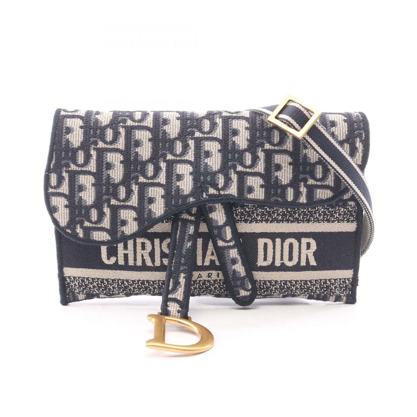 Dior Shoulder Bag Saddle Oblique Slim Pouch Ivory Navy Canvas