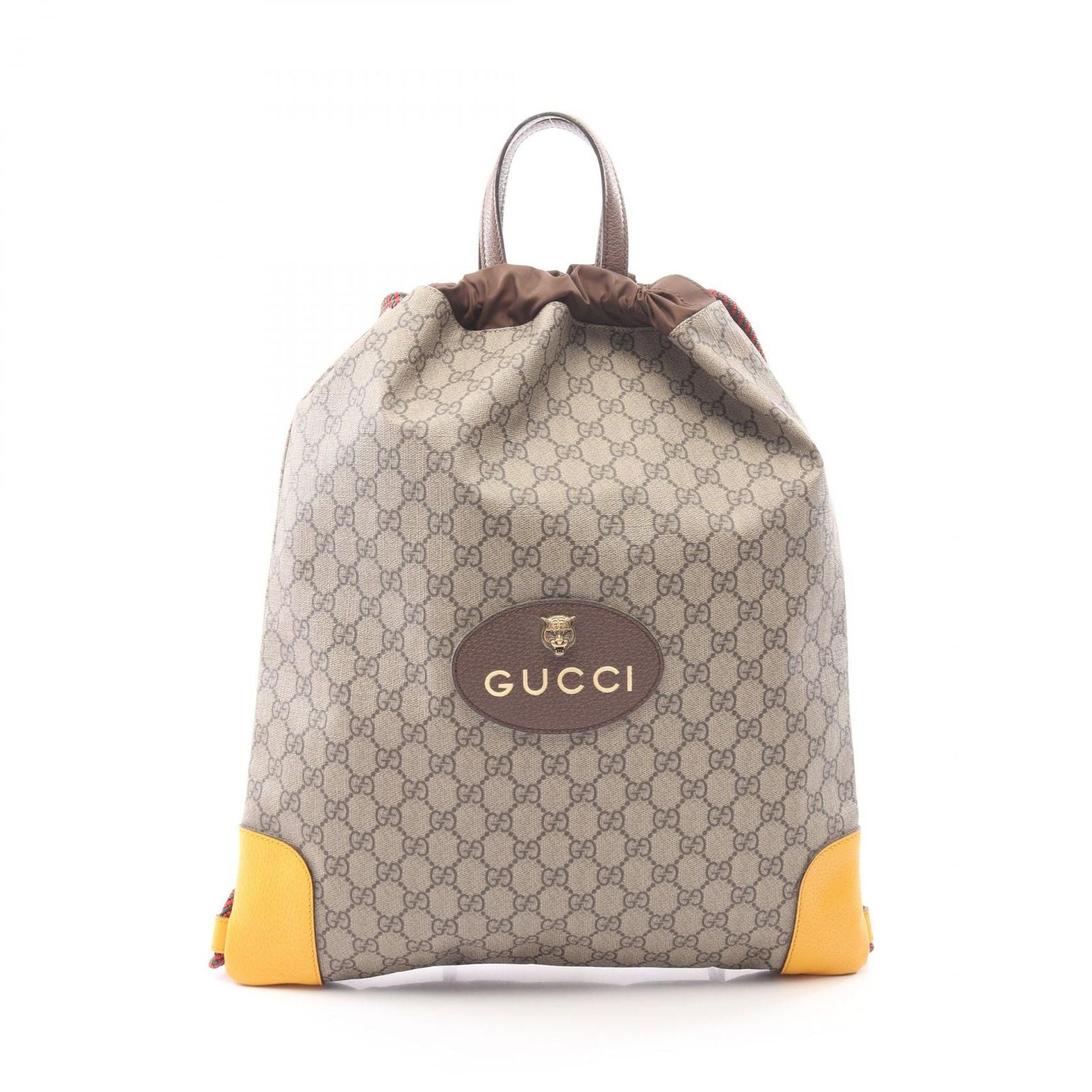 Gucci Backpack GG Supreme Drawstring Beige Brown Yellow Canvas Leather