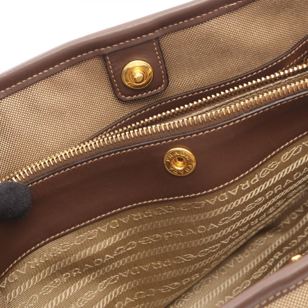 Prada Logo Jacquard 2-Way Beige Brown Canvas Leather Tote Bag — view 8