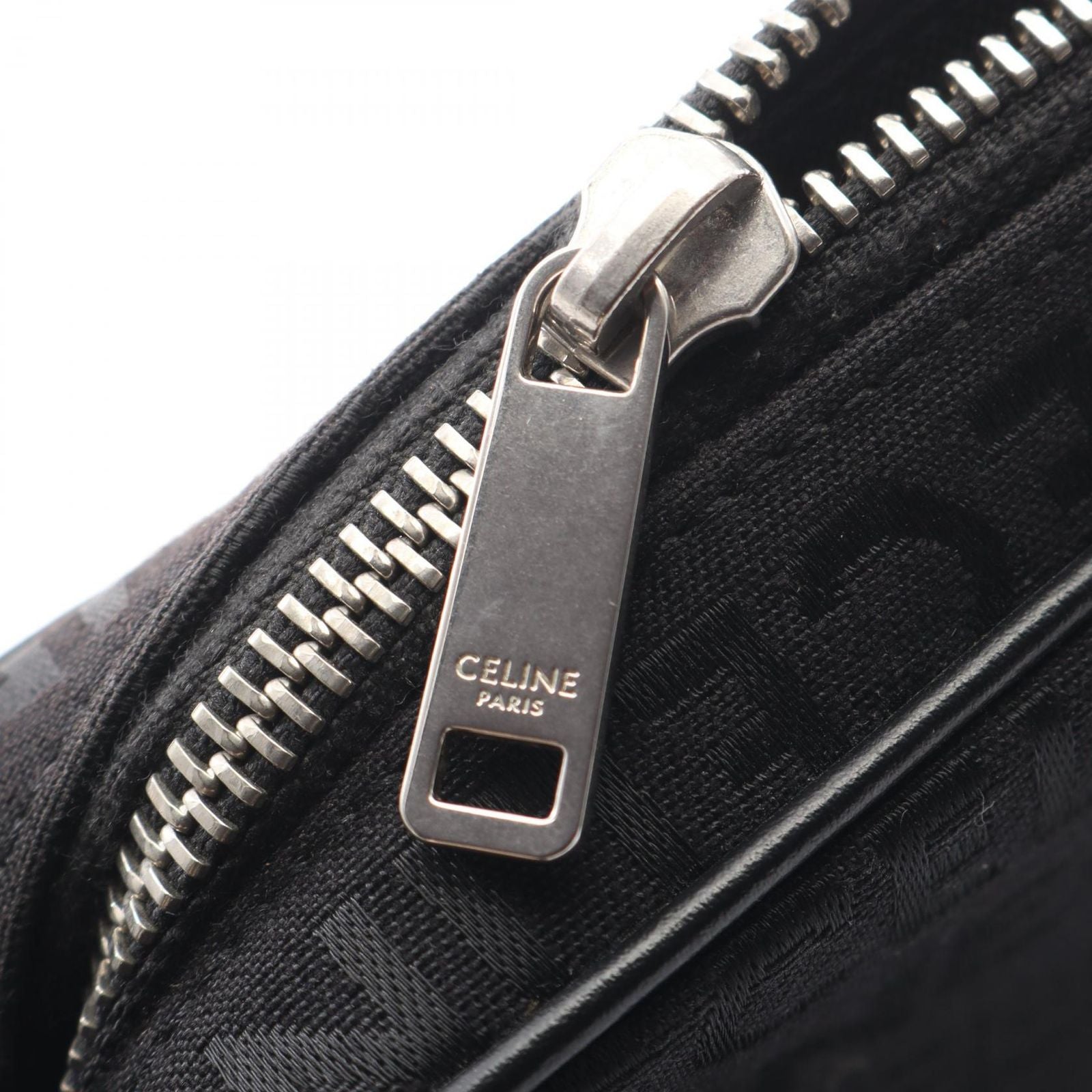 Celine Shoulder Bag Logo Embroidery All Over Pattern Black Canvas Leather — view 7