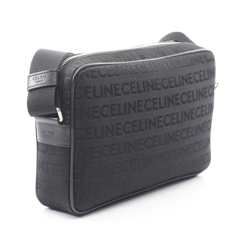 Celine Shoulder Bag Logo Embroidery All Over Pattern Black Canvas Leather — view 2