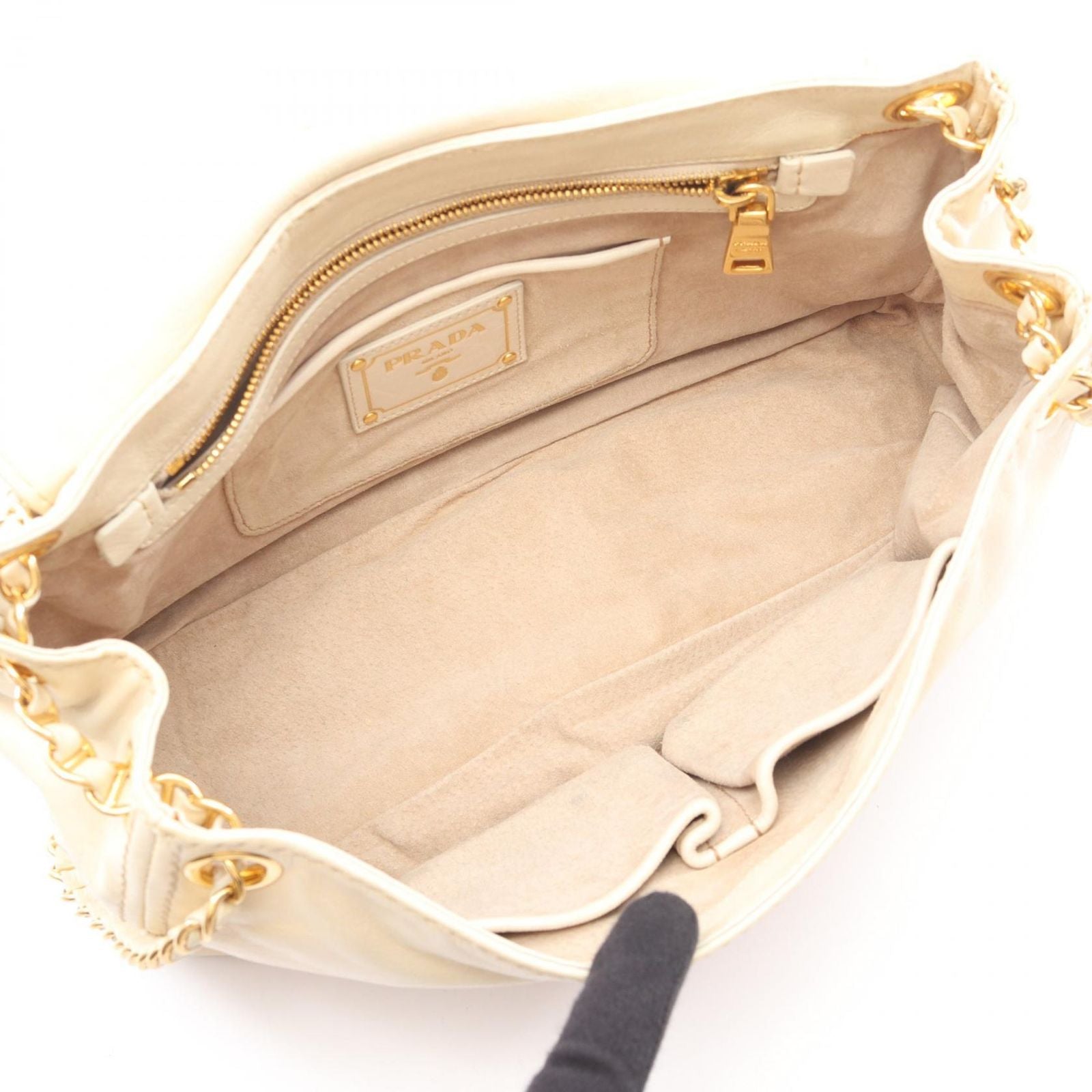 Prada Shoulder Bag Vitello Shine Ivory Beige Leather Chain — view 3