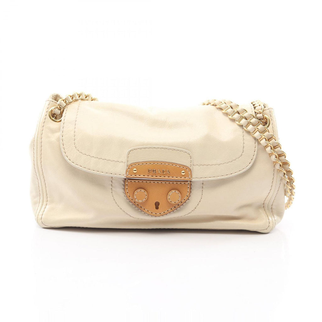 Prada Shoulder Bag Vitello Shine Ivory Beige Leather Chain