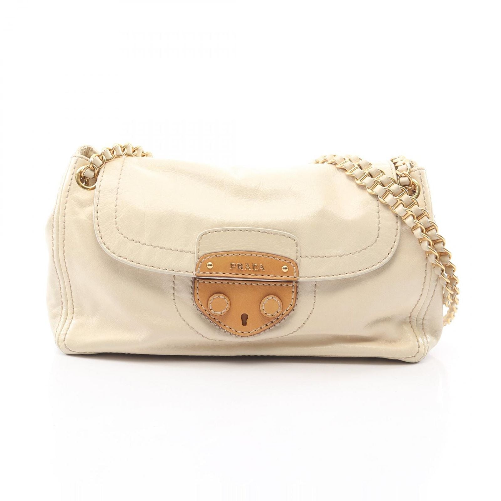 Prada Shoulder Bag Vitello Shine Ivory Beige Leather Chain