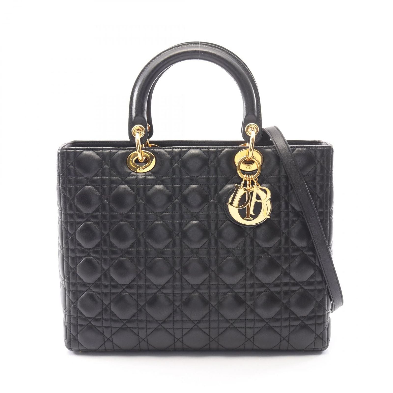 Dior Lady Dior Large Cannage 2-Way Black Leather Lady Dior Tote Bag