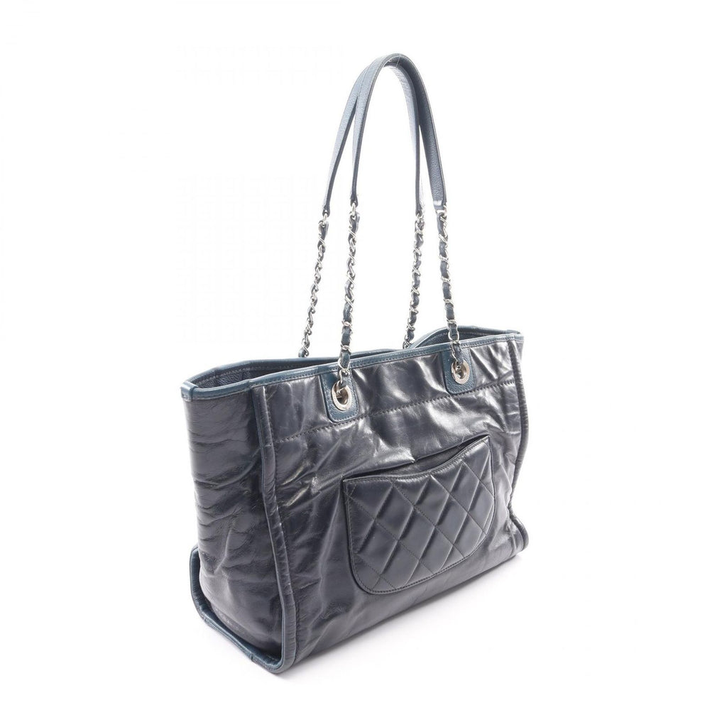 Chanel Tote Bag Deauville Dark Navy Leather Caviar Chain Shoulder Back — view 2