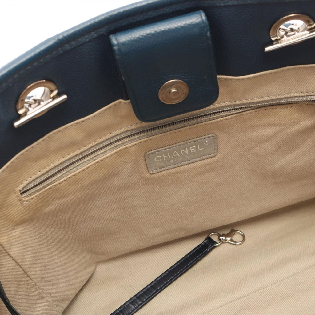 Chanel Tote Bag Deauville Dark Navy Leather Caviar Chain Shoulder Back — view 6