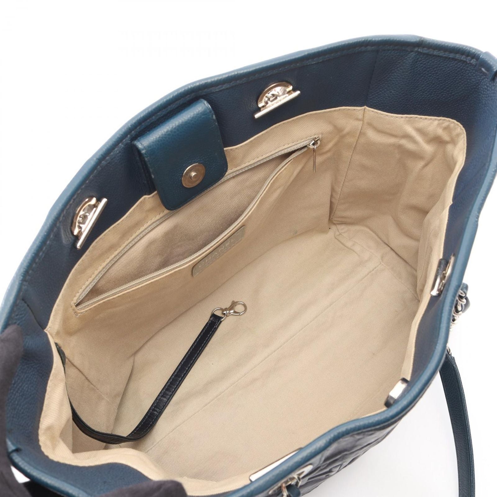 Chanel Tote Bag Deauville Dark Navy Leather Caviar Chain Shoulder Back — view 3