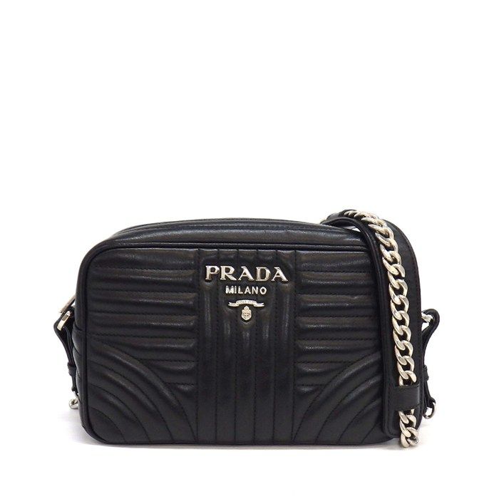 Prada Shoulder Bag Diamond Gram Chain Bag Black Leather Silver