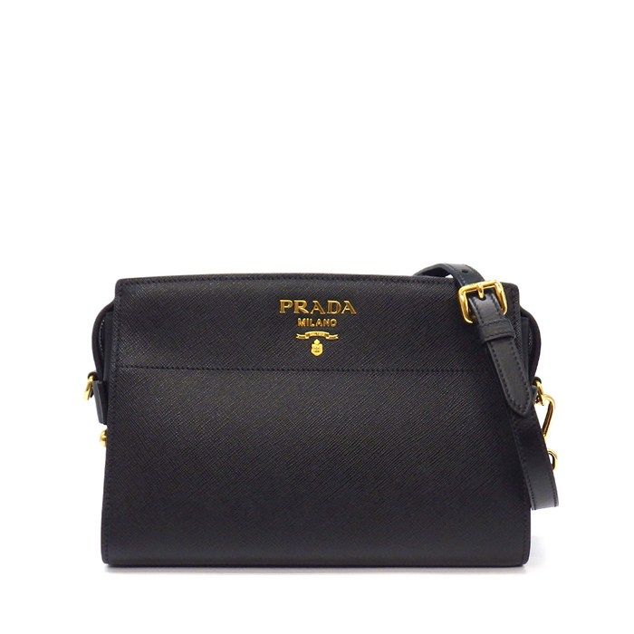 Prada Shoulder Bag Bandoriella Square Cross Black Saffiano Leather Gold