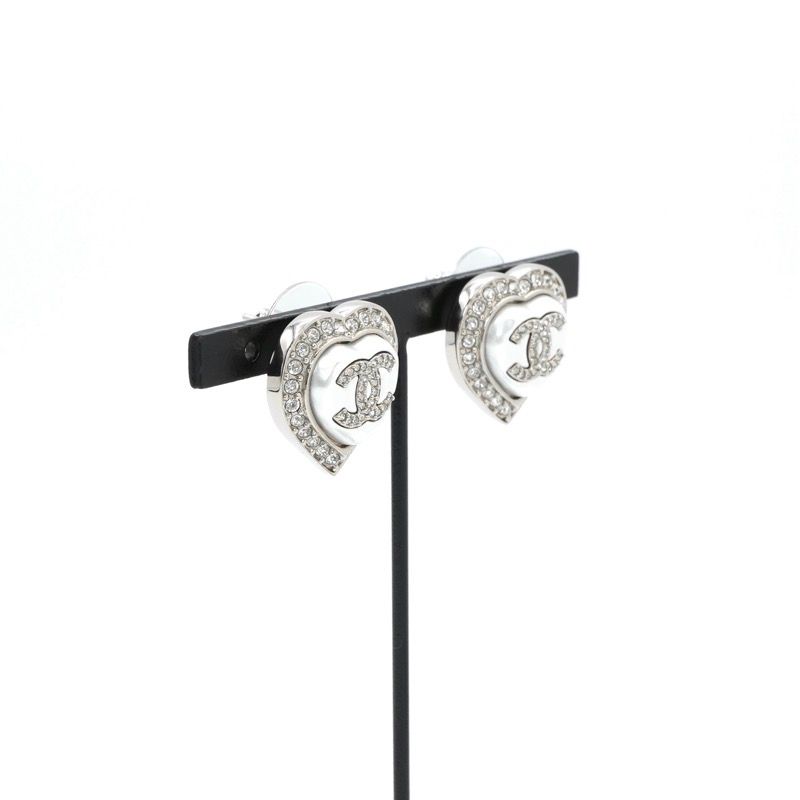 Chanel Earrings Silver CC Logo Rhinestone — view 8