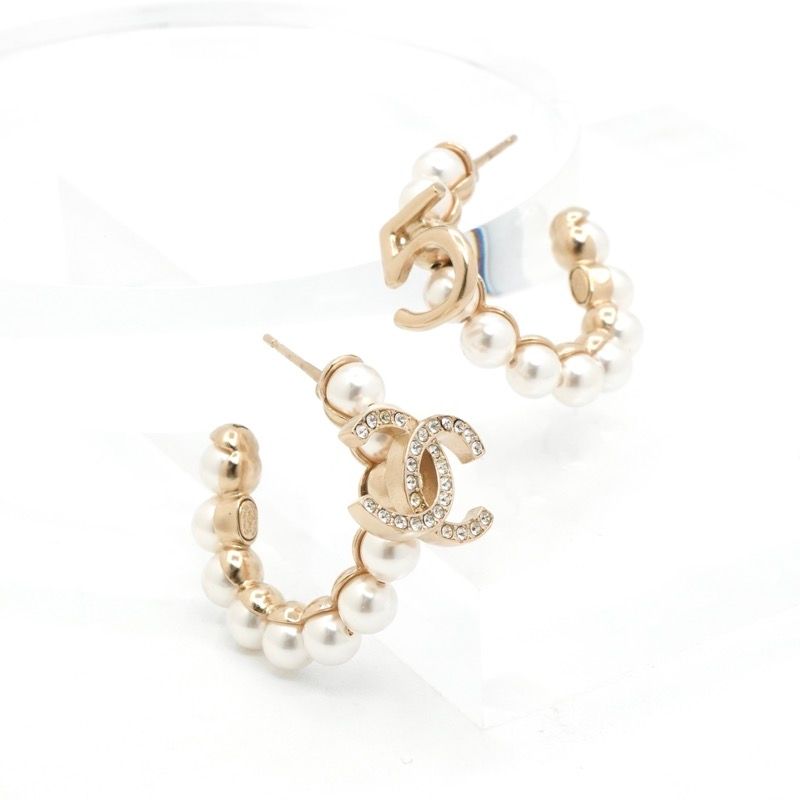 Chanel Earrings Gold CC Logo N5 Rhinestone Hoop