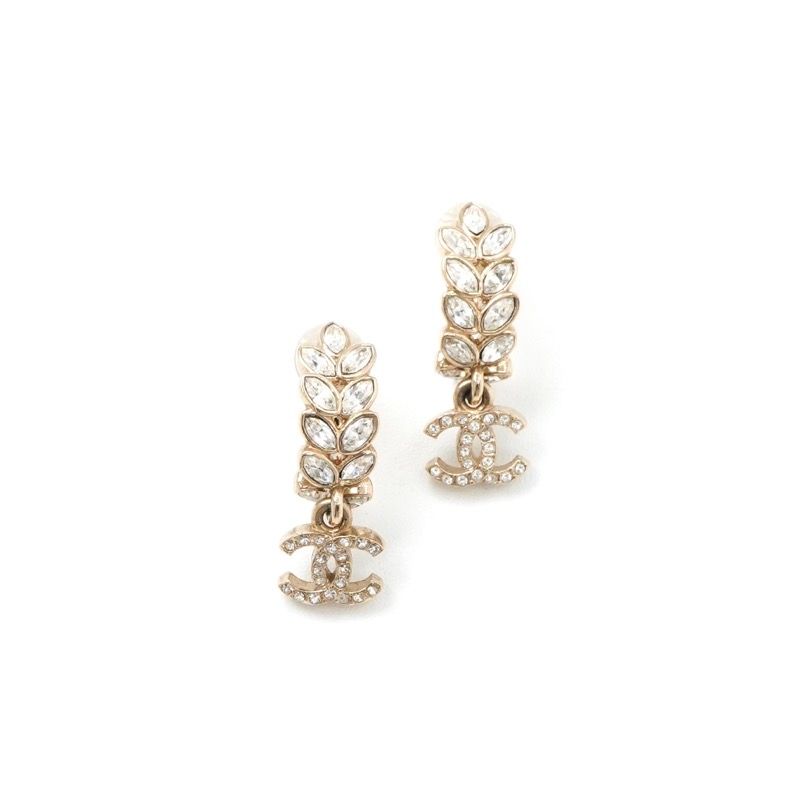 Chanel Earrings Gold CC Logo Rhinestone Leaf Motif