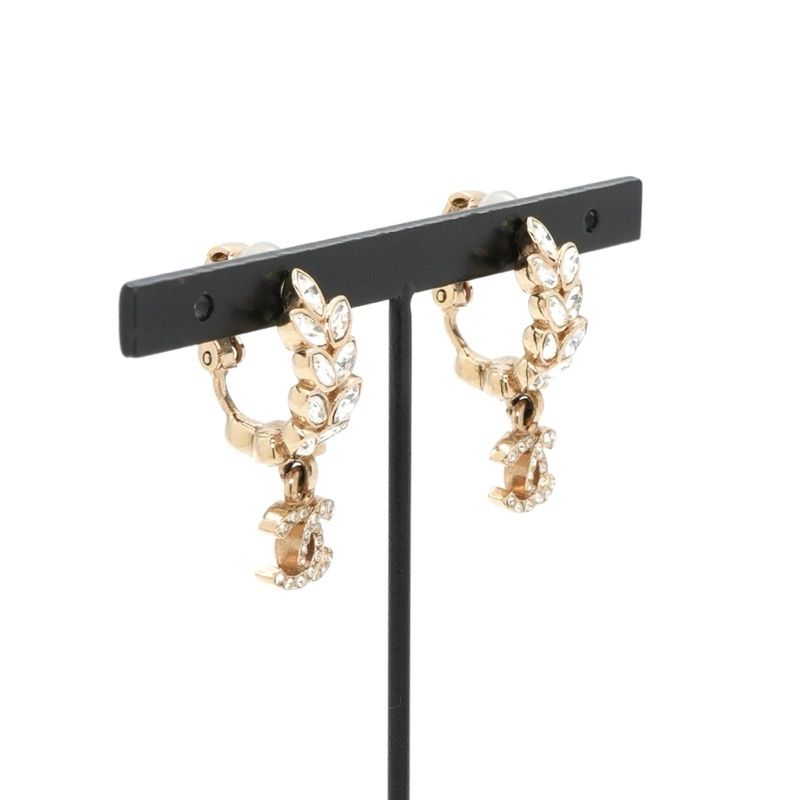 Chanel Earrings Gold CC Logo Rhinestone Leaf Motif — view 7