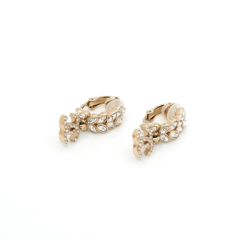 Chanel Earrings Gold CC Logo Rhinestone Leaf Motif — view 2
