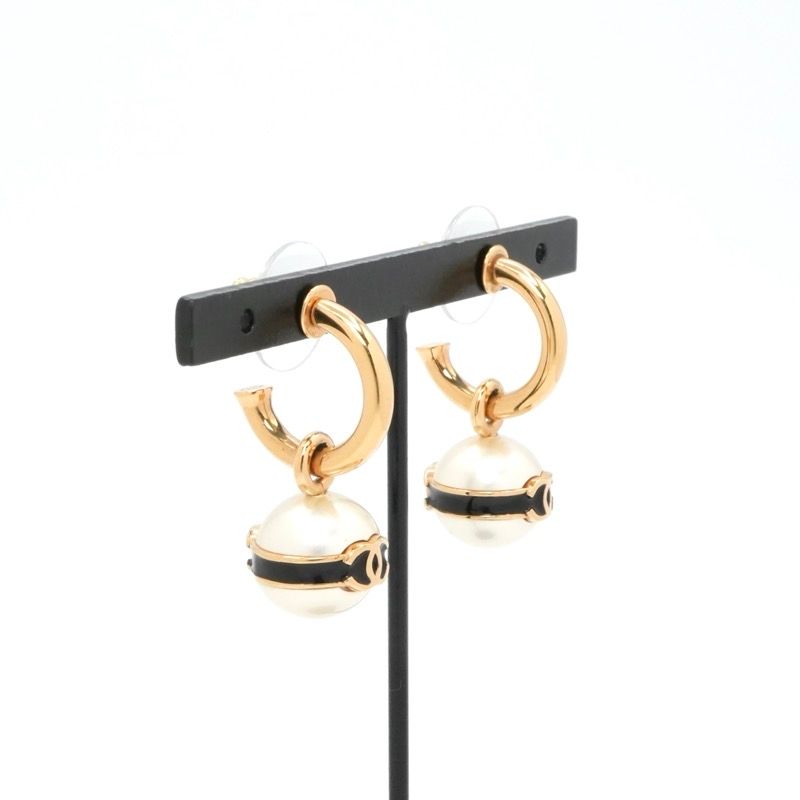 Chanel Earrings Gold Black CC Logo Hoop — view 7