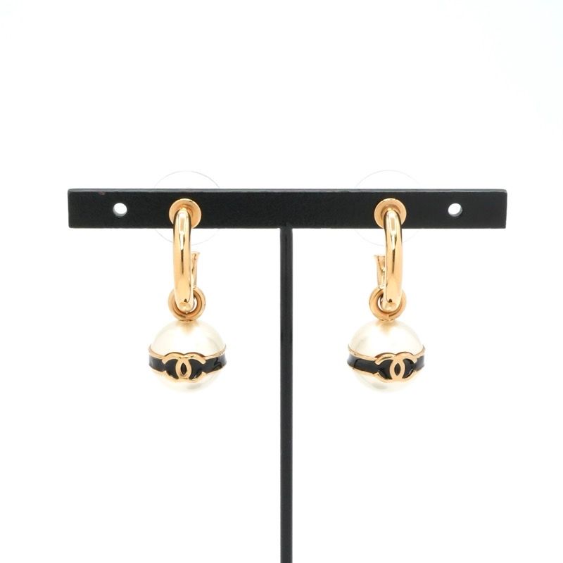 Chanel Earrings Gold Black CC Logo Hoop — view 6