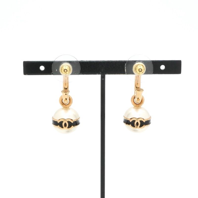 Chanel Earrings Gold Black CC Logo Hoop — view 8