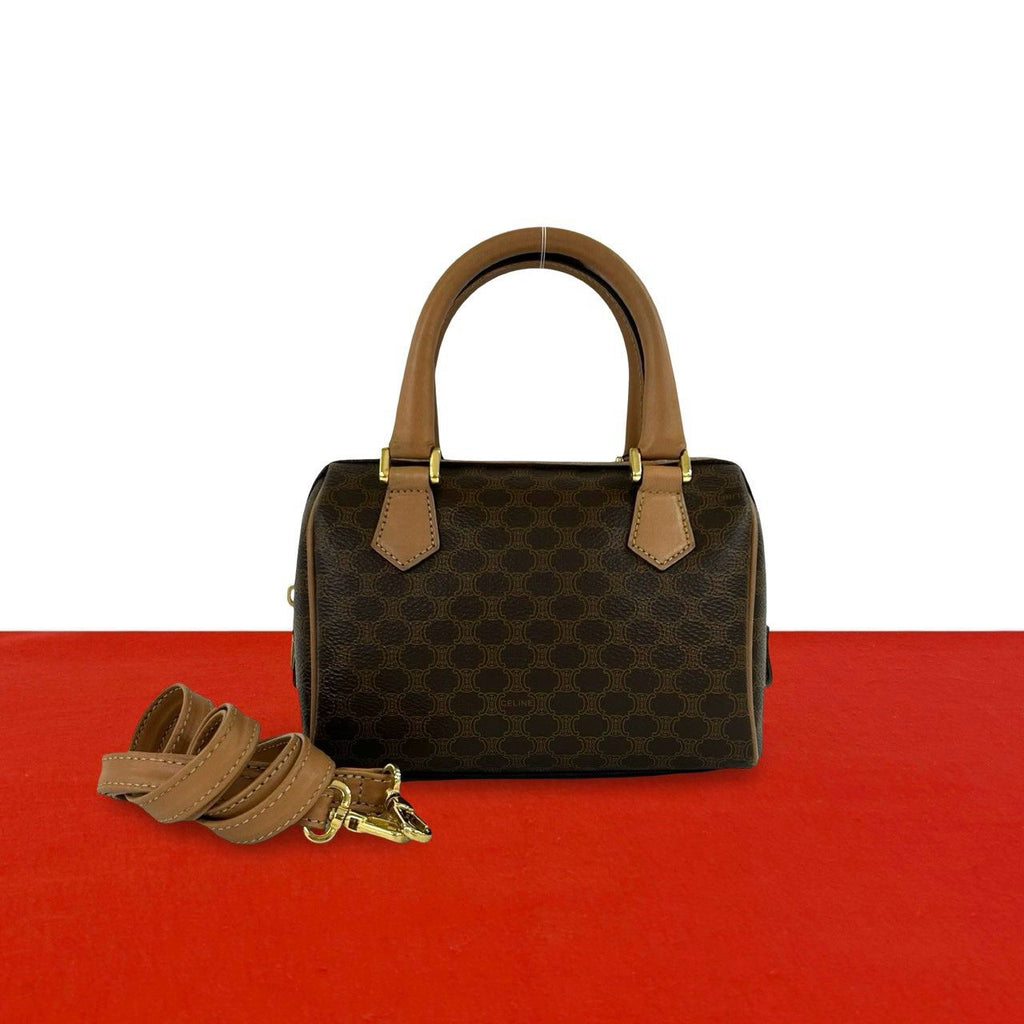 Celine Vintage Macadam Blason Pattern Triomphe Leather 2-Way Shoulder Bag Brown