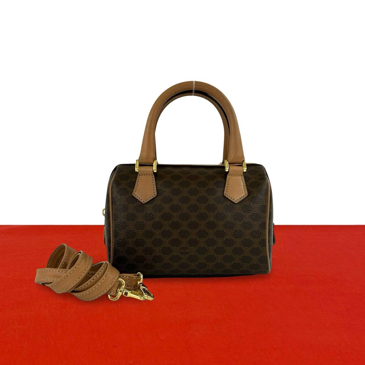 Celine Vintage Macadam Blason Pattern Triomphe Leather 2-Way Shoulder Bag Brown