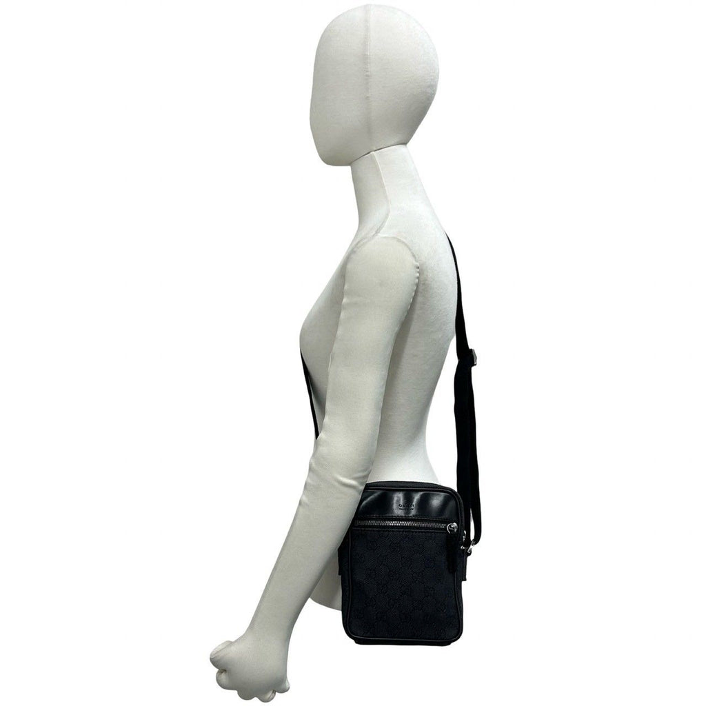 Gucci GG Pattern Canvas Log Leather Mini Shoulder Bag Pochette Crossbody Black — view 2