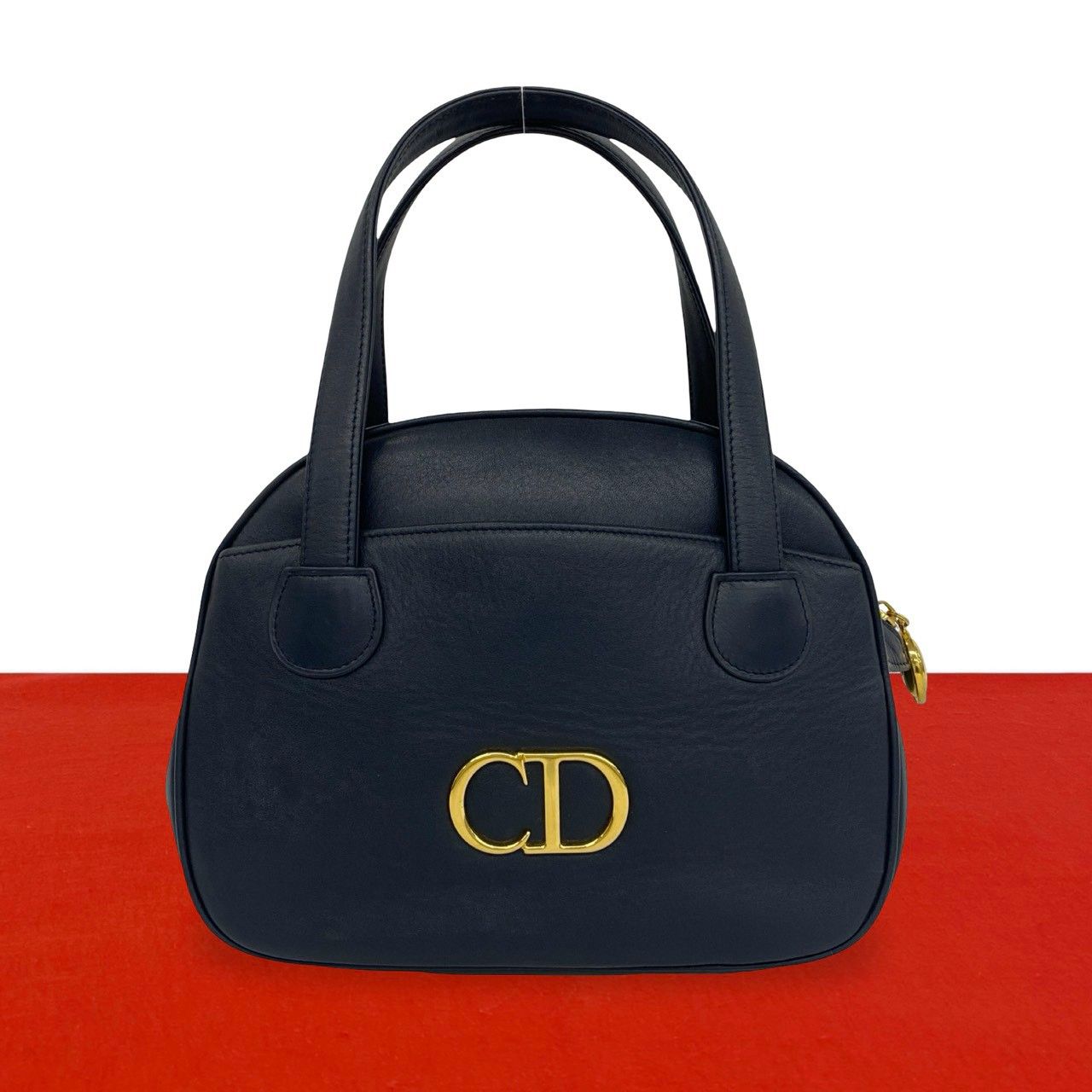 Dior Vintage CD Logo Leather Handbag Mini Tote Navy