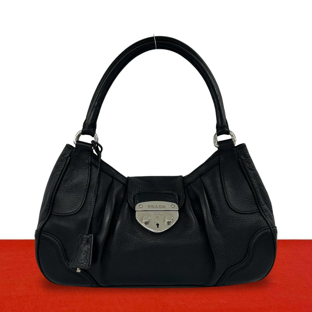 Prada Log Leather Tote Shoulder Bag Black with Key