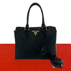 Prada Logo Saffiano Leather 2-Way Shoulder Bag Mini Tote Black