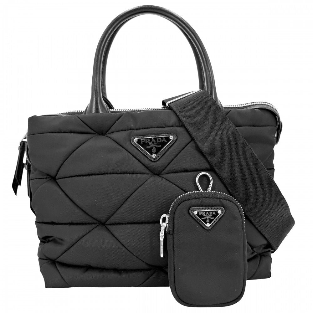 Prada 2-Way Small Padded Shoulder Bag Crossbody Nylon Black Silver Vintage