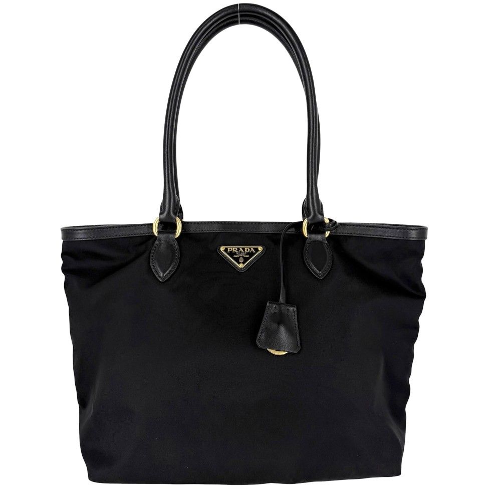 Prada Handbag Triangle Logo Tote Nylon Black Gold Vintage