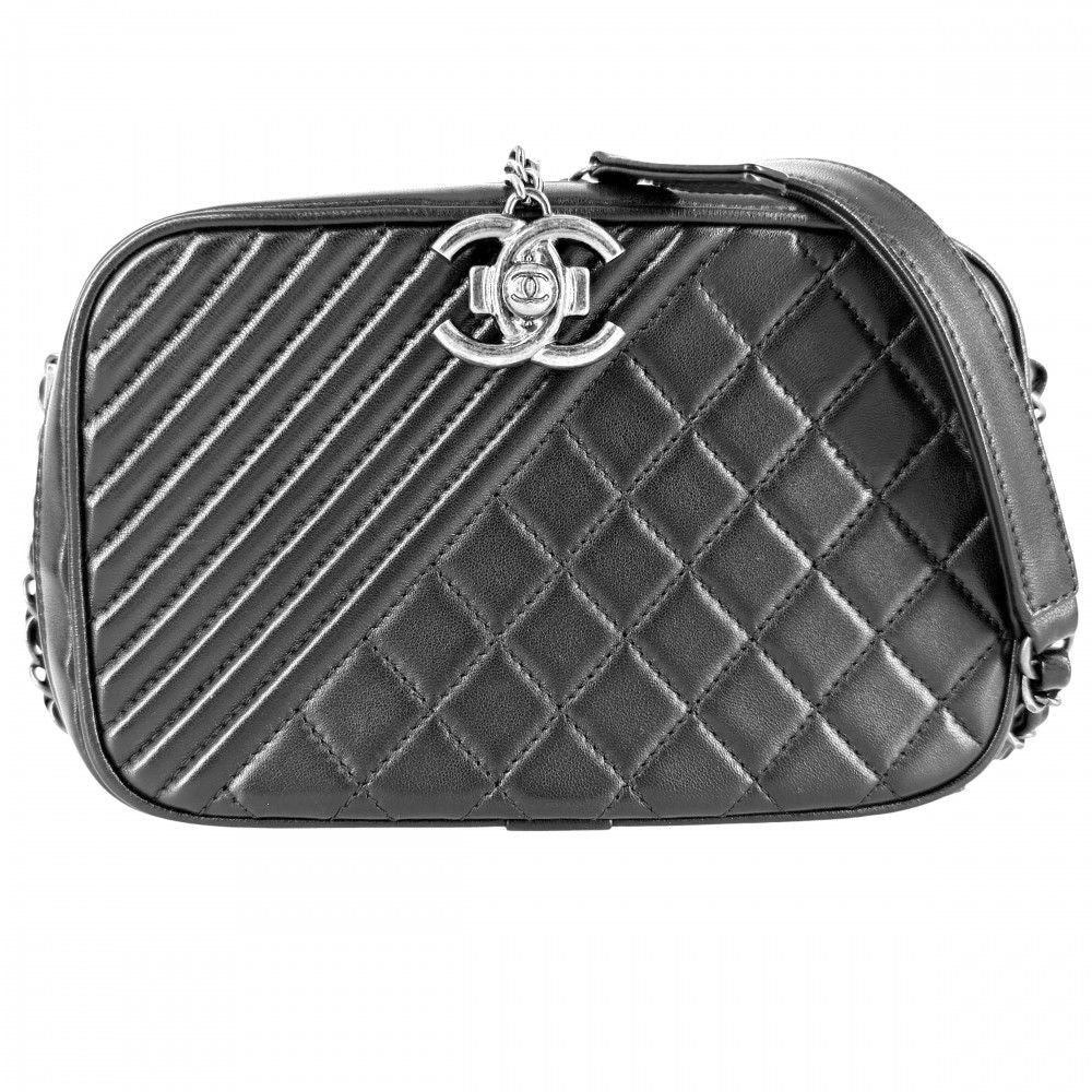 Chanel Shoulder Bag Boy Chain Crossbody CC Logo Leather Black Matte Silver