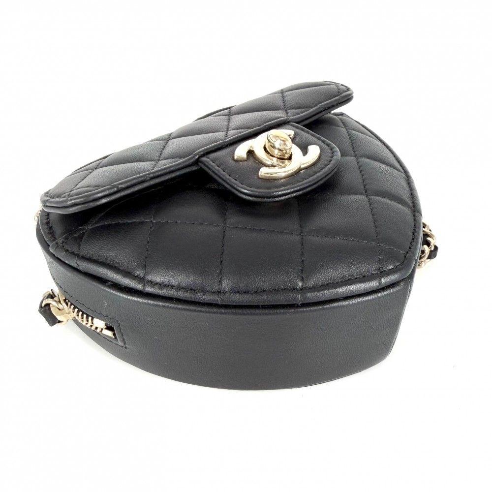 Chanel Shoulder Bag Quilted Heart CC Logo Small Lambskin Black Gold — view 3