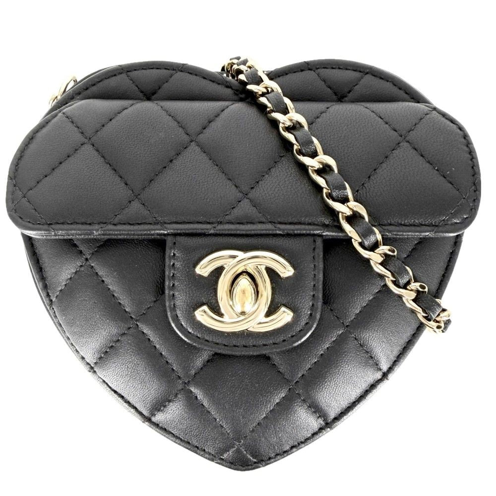 Chanel Shoulder Bag Quilted Heart CC Logo Small Lambskin Black Gold