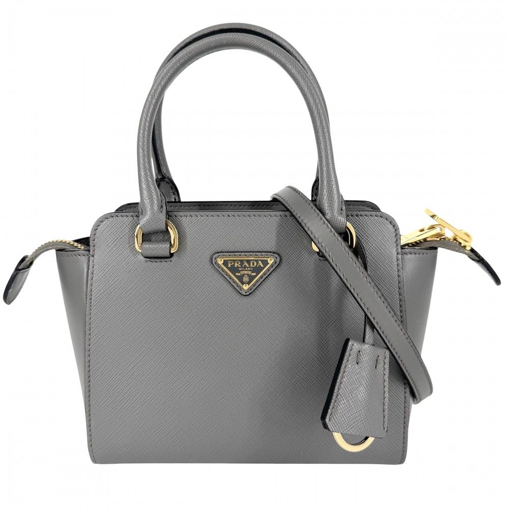 Prada 2-Way Triangle Logo Shoulder Bag Crossbody Leather Gray Gold Vintage