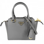 Prada 2-Way Triangle Logo Shoulder Bag Crossbody Leather Gray Gold Vintage