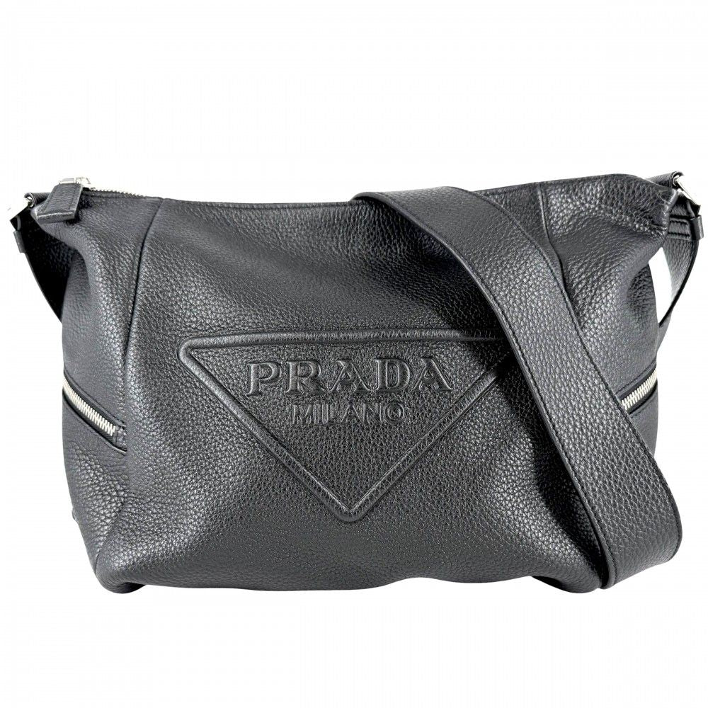 Prada Shoulder Bag Triangle Logo Leather Black Silver Vintage