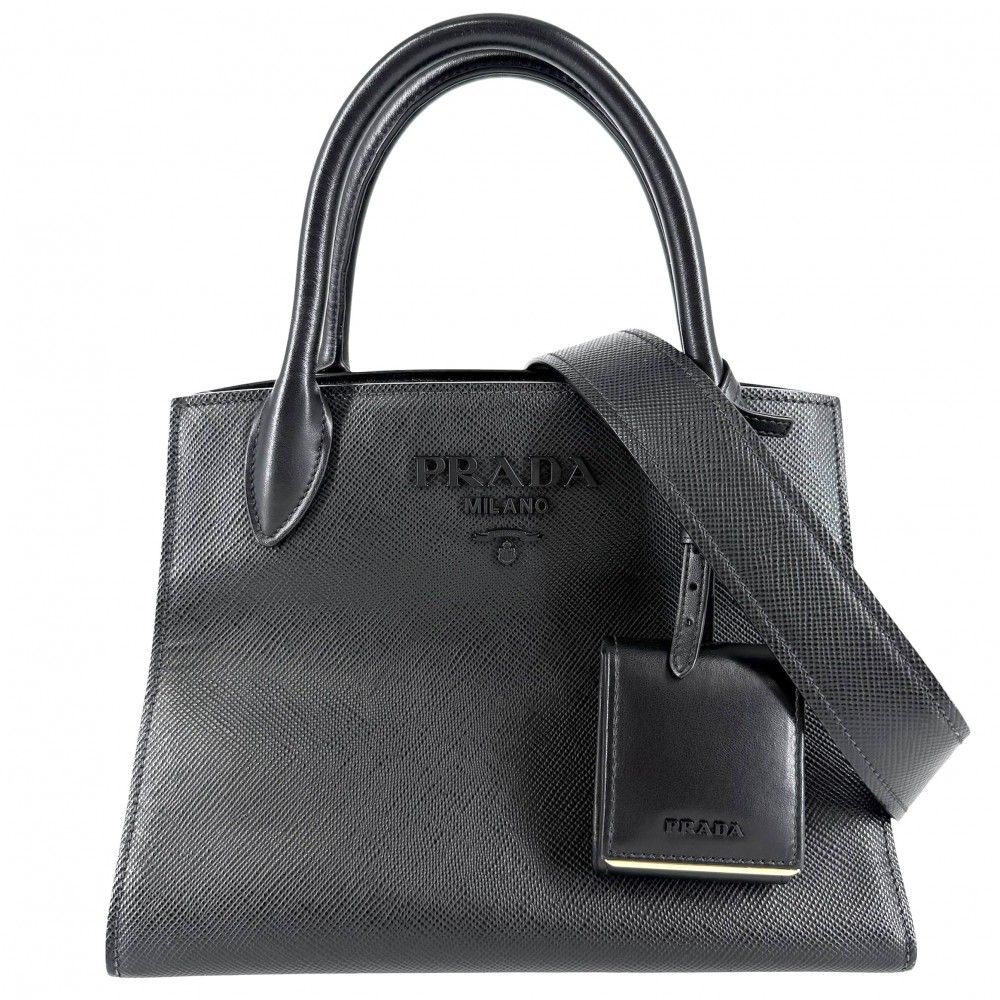 Prada 2-Way Triangle Logo Monochrome Shoulder Bag Crossbody Leather Black Gold