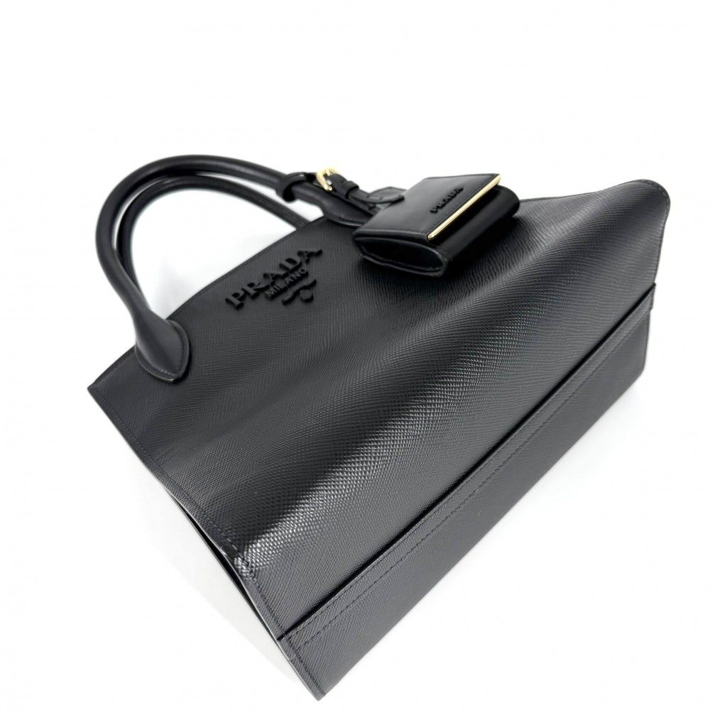 Prada 2-Way Triangle Logo Monochrome Shoulder Bag Crossbody Leather Black Gold — view 3
