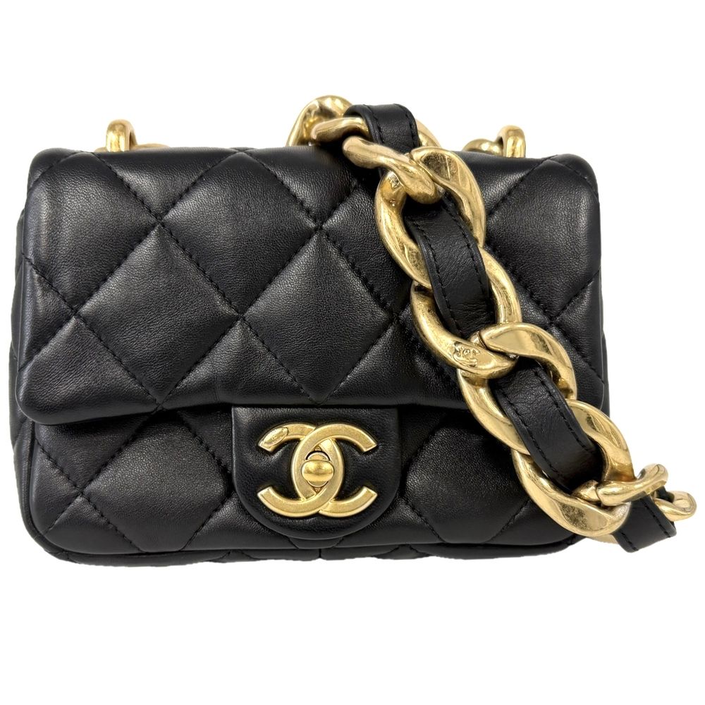 Chanel Shoulder Bag Mini Quilted Chain Turnlock Mini CC Logo Lambskin Black