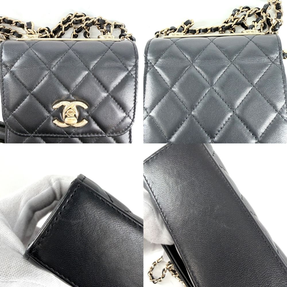 Chanel Shoulder Bag Crossbody CC Logo Quilted Chain Lambskin Black Gold Vintage — view 6