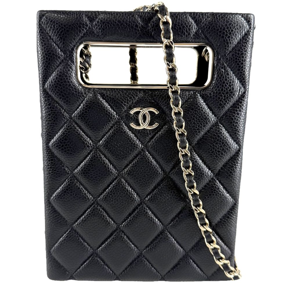 Chanel Shoulder Bag Quilted Evening CC Logo Bag Caviar Leather Black Gold