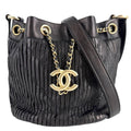 Chanel Shoulder Bag CC Logo Coco Pleated Stitch Bag Leather Black Gold Vintage