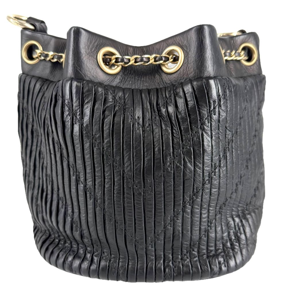 Chanel Shoulder Bag CC Logo Coco Pleated Stitch Bag Leather Black Gold Vintage — view 2