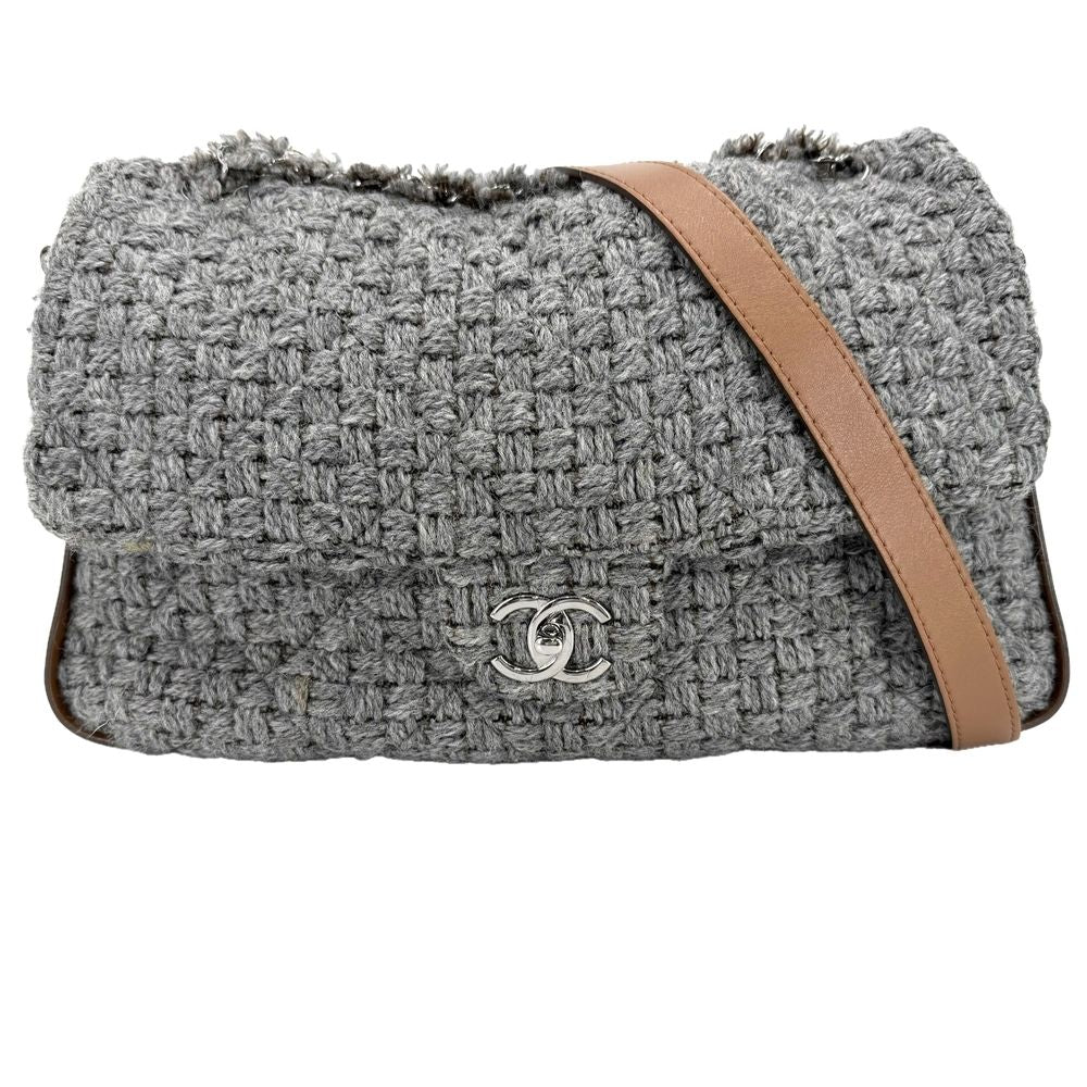 Chanel 2-Way Quilted Shoulder Bag CC Logo Crossbody Wool Leather Gray Silver