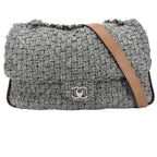 Chanel 2-Way Quilted Shoulder Bag CC Logo Crossbody Wool Leather Gray Silver