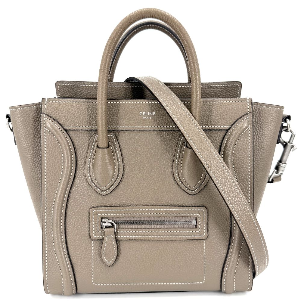 Celine 2-Way Luggage Nano Shoulder Bag Crossbody Leather Brown Silver Vintage