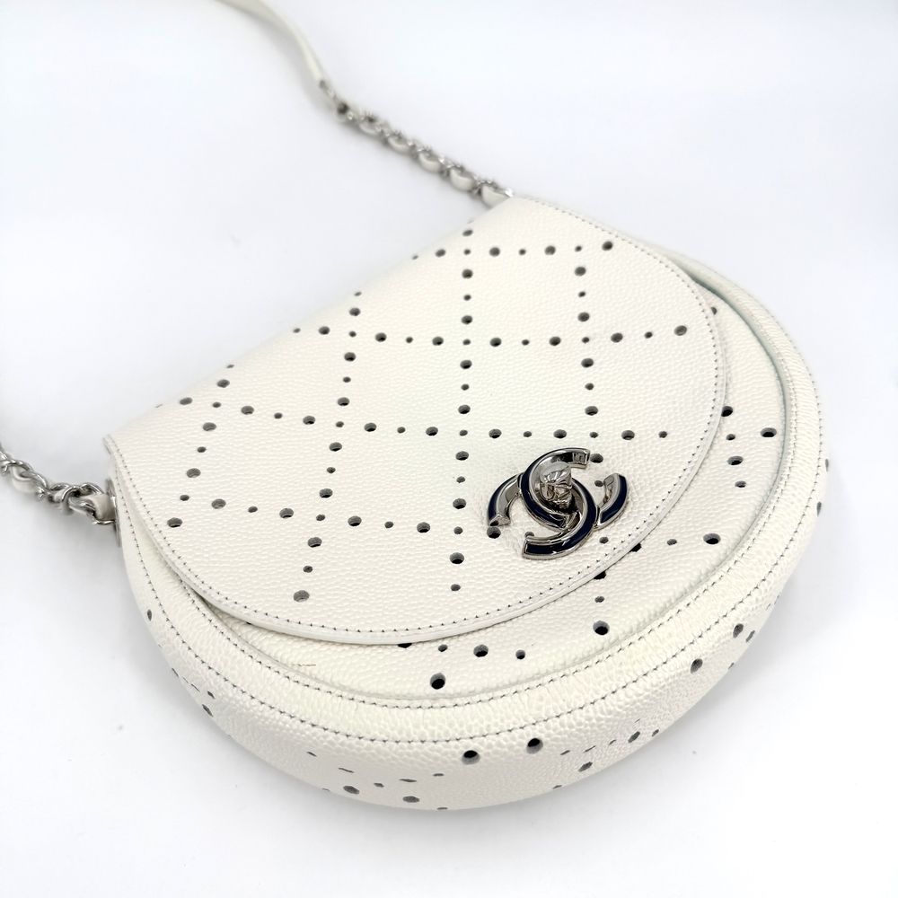 Chanel Shoulder Bag Perforated Pochette CC Logo Crossbody Leather White Silver — view 3